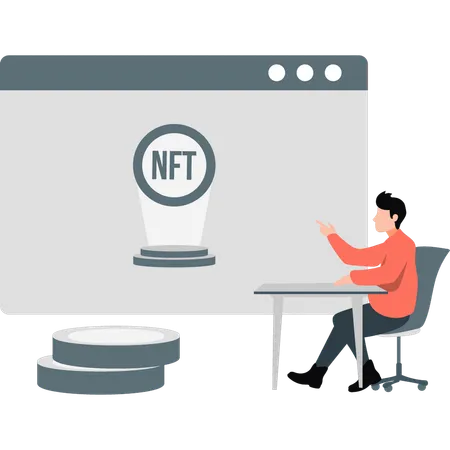 Un garçon regarde la plateforme NFT  Illustration