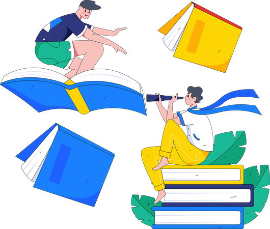 Garçon volant avec des livres et recherchant des opportunités  Illustration