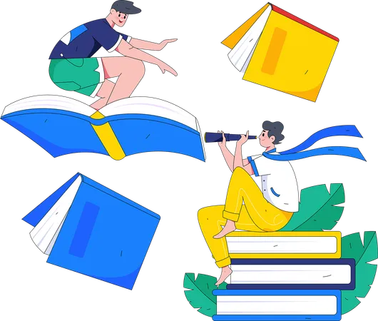 Garçon volant avec des livres et recherchant des opportunités  Illustration