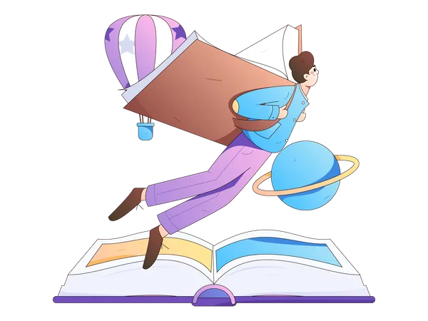 Garçon volant avec un livre  Illustration