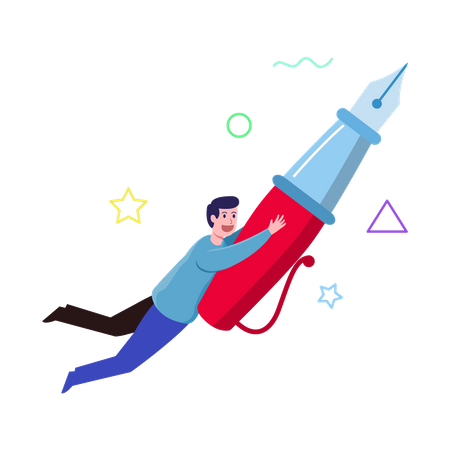 Garçon volant avec un stylo  Illustration