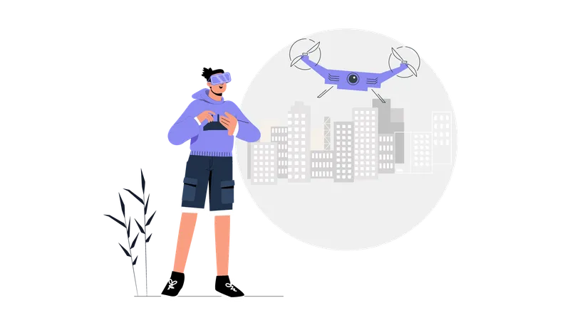 Garçon volant un drone utilisant du verre vr  Illustration