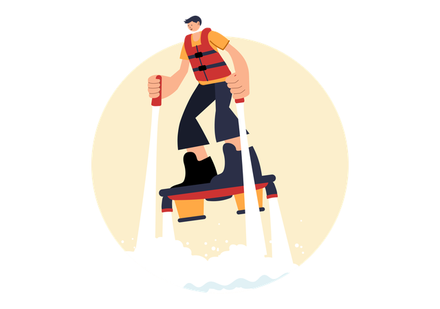 Un garçon s'envole en utilisant un flyboard  Illustration