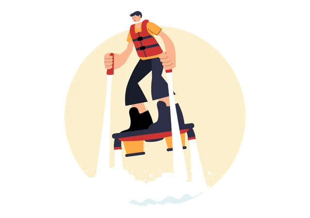 Un garçon s'envole en utilisant un flyboard  Illustration