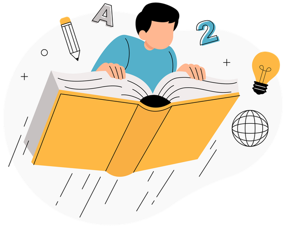 Un garçon vole sur un livre pour explorer ses connaissances  Illustration
