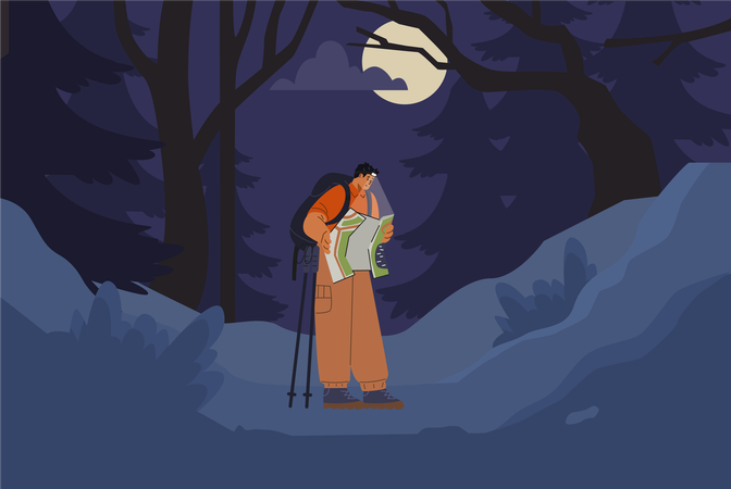 Garçon voyageur perdu dans la forêt nocturne avec une carte dans les mains  Illustration