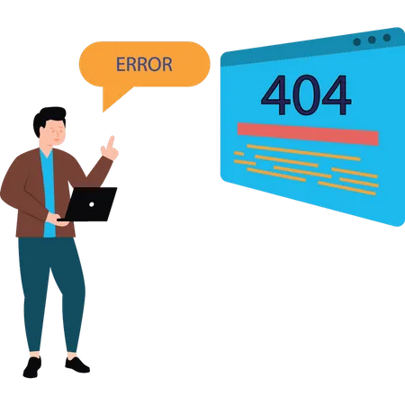 Un garçon voit une erreur 404 sur une page Web  Illustration