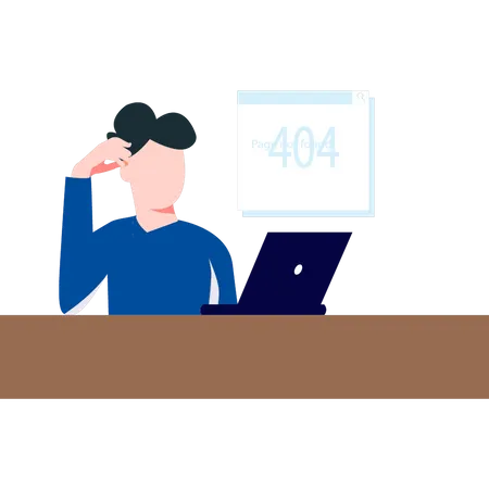 Un garçon voit une erreur 404 sur un ordinateur portable  Illustration