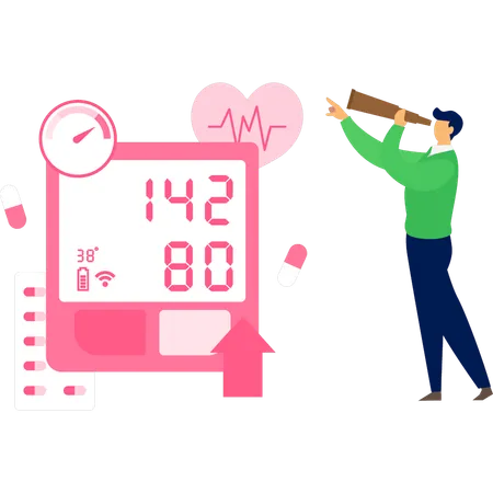 Garçon voyant une machine de compteur d'hypertension avec un télescope  Illustration