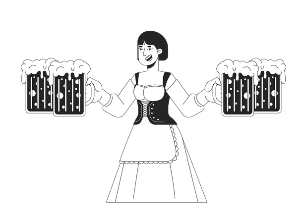 Garçonete asiática feliz segurando canecas de cerveja artesanal  Ilustração