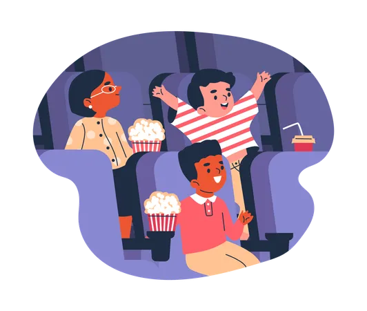 Garçons et filles assis au cinéma avec des boissons et du pop-corn en regardant un film  Illustration