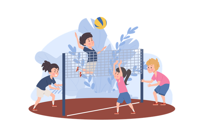 Garçons et filles jouant au volley-ball sur le terrain  Illustration