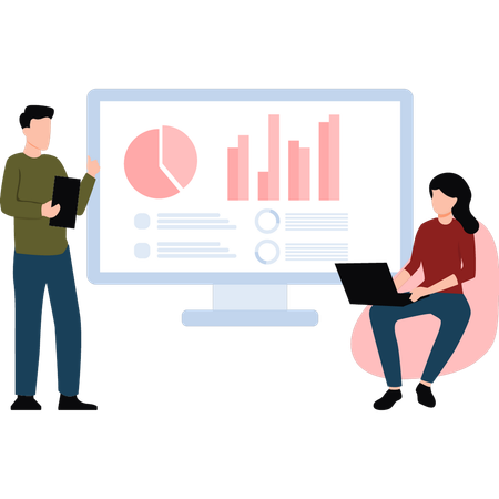 Garçon et fille travaillant sur les statistiques commerciales  Illustration