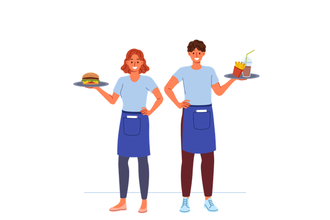 Garçons felizes de restaurantes de fast food trabalham juntos para entregar pedidos aos clientes  Ilustração