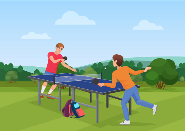 Garçons jouant au tennis de table dans le parc  Illustration