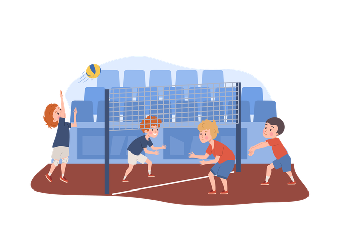 Garçons jouant au volley-ball sur le terrain en face de la zone des sièges  Illustration