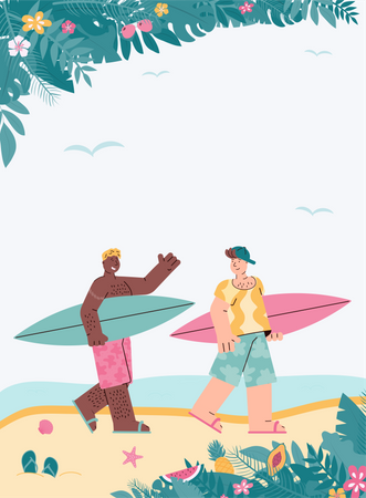 Garçons marchant sur la plage avec planche de surf  Illustration