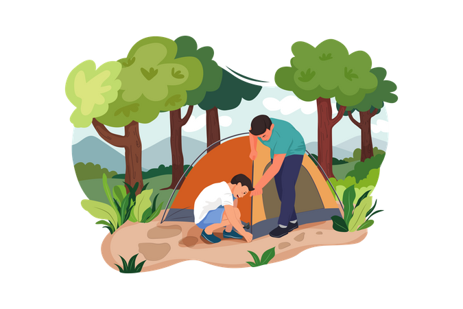 Garçons installant une tente pour le camping  Illustration