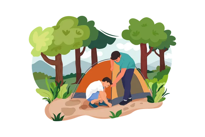 Garçons installant une tente pour le camping  Illustration