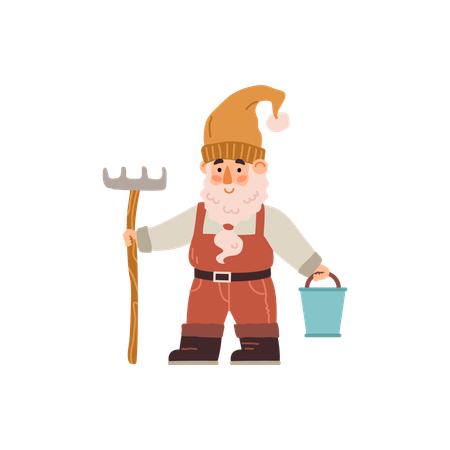 Garden gnome character with rake and bucket  Illustration