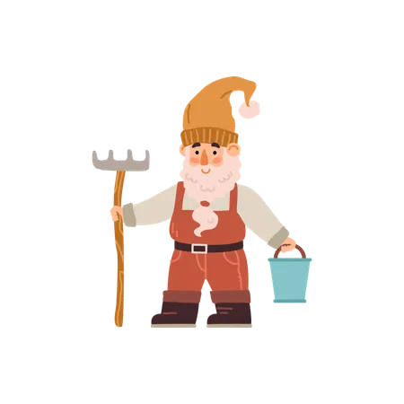 Garden gnome character with rake and bucket  Illustration