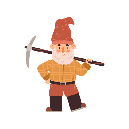 Garden gnome with pick and beard in hat and boots  Illustration