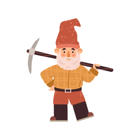 Garden gnome with pick and beard in hat and boots  Illustration