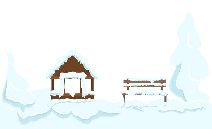 Garden House and Wooden Bench Covered with Snow  Illustration