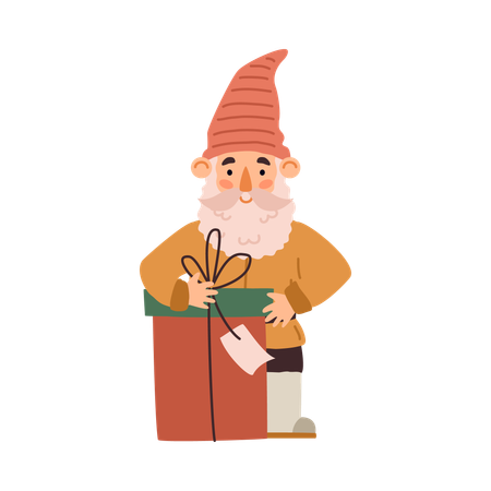 Garden or scandinavian gnome with gift box  Illustration