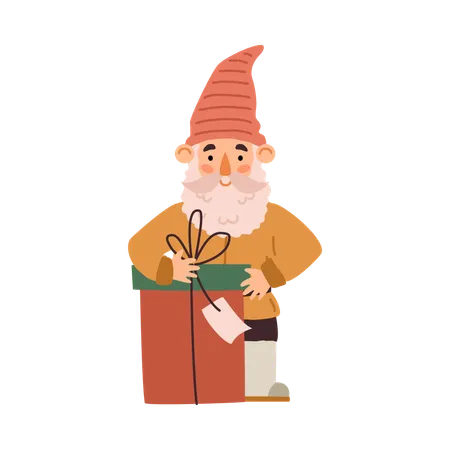 Garden or scandinavian gnome with gift box  Illustration