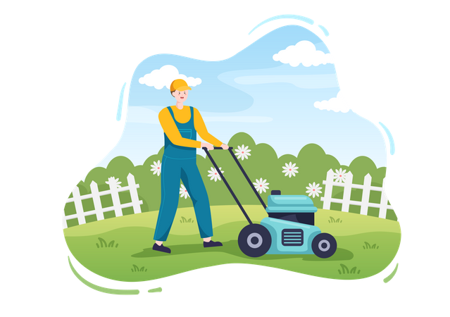 Gardener Cutting Green Grass  Illustration