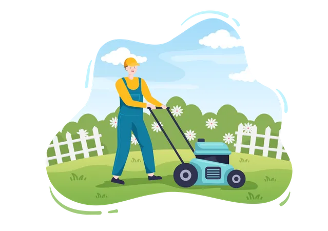 Gardener Cutting Green Grass  Illustration