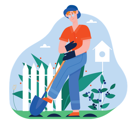 Gardener digging holes using shovel for plantation  Illustration