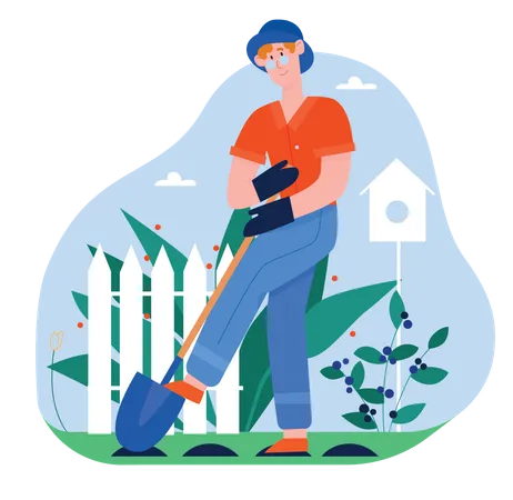 Gardener digging holes using shovel for plantation  Illustration