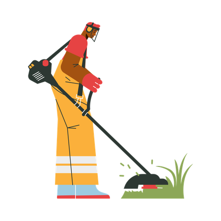 Gardener mowing lawn with electric mower  Illustration