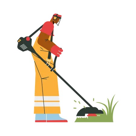 Gardener mowing lawn with electric mower  Illustration