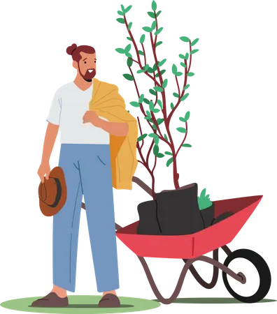 Gardener Planting Tree caring in wheelbarrow Illustration