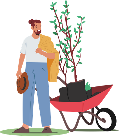 Gardener Planting Tree caring in wheelbarrow  Illustration