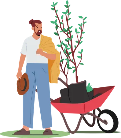 Gardener Planting Tree caring in wheelbarrow  Illustration