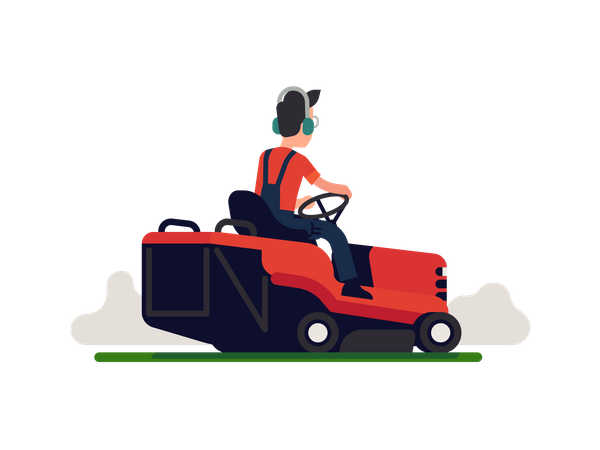 Gardener using lawn maintenance machine wearing headphone  Illustration