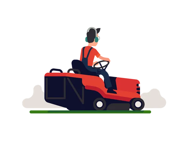 Gardener using lawn maintenance machine wearing headphone  Illustration