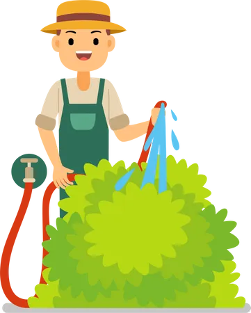 Gardener watering a plant with a watering pot  Illustration