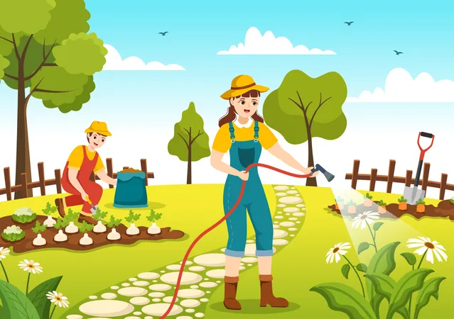 Gardener watering flower at farm  Illustration