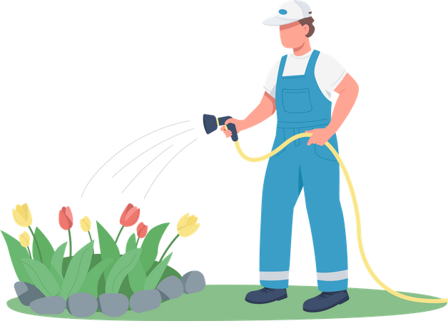 Gardener watering flowerbed  Illustration