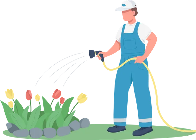 Gardener watering flowerbed  Illustration