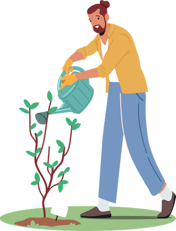 Gardener Watering Tree with water can Illustration