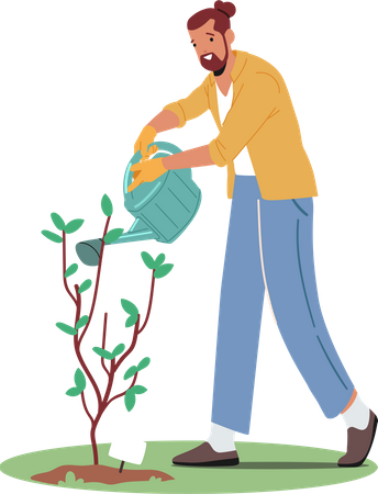 Gardener Watering Tree with water can  Illustration