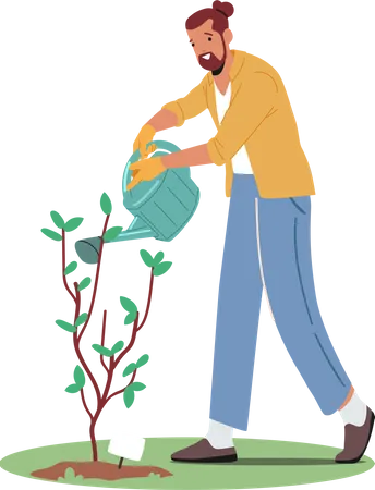 Gardener Watering Tree with water can  Illustration