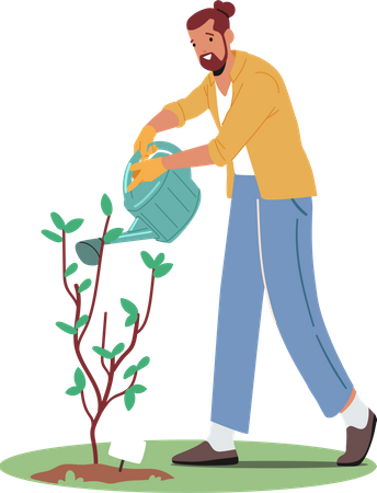 Gardener Watering Tree with water can  Illustration