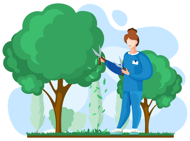 Gardener with scissors cuts big tree and shrub  Illustration